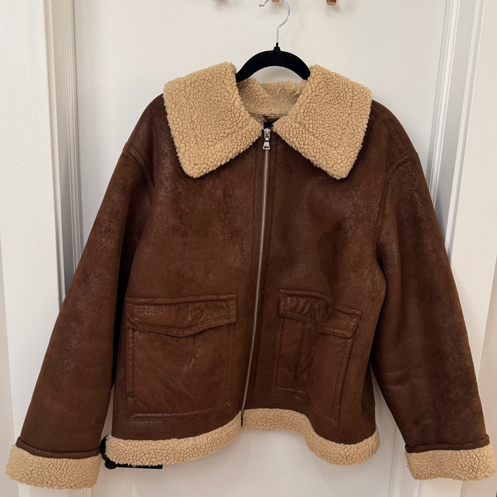 EXPRESS BROWN FAUX LEATHER SHERPA LINED COAT